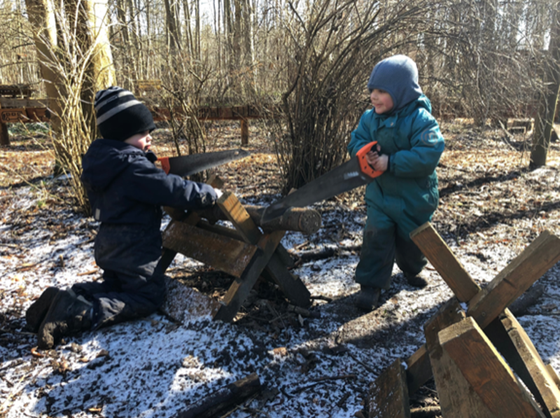 Des enfants au Danemark coupent du bois avec des scies